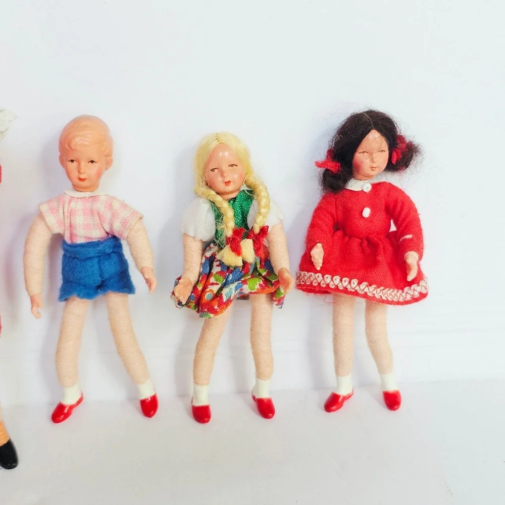 Vtg MCM Caco Dollhouse Family 10pc Set Flexible Miniature Figures Germany